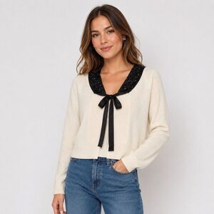 DKNY Ivory Lambswool Cashmere Beaded Silk Collar Tie Cardigan Sweater Women S